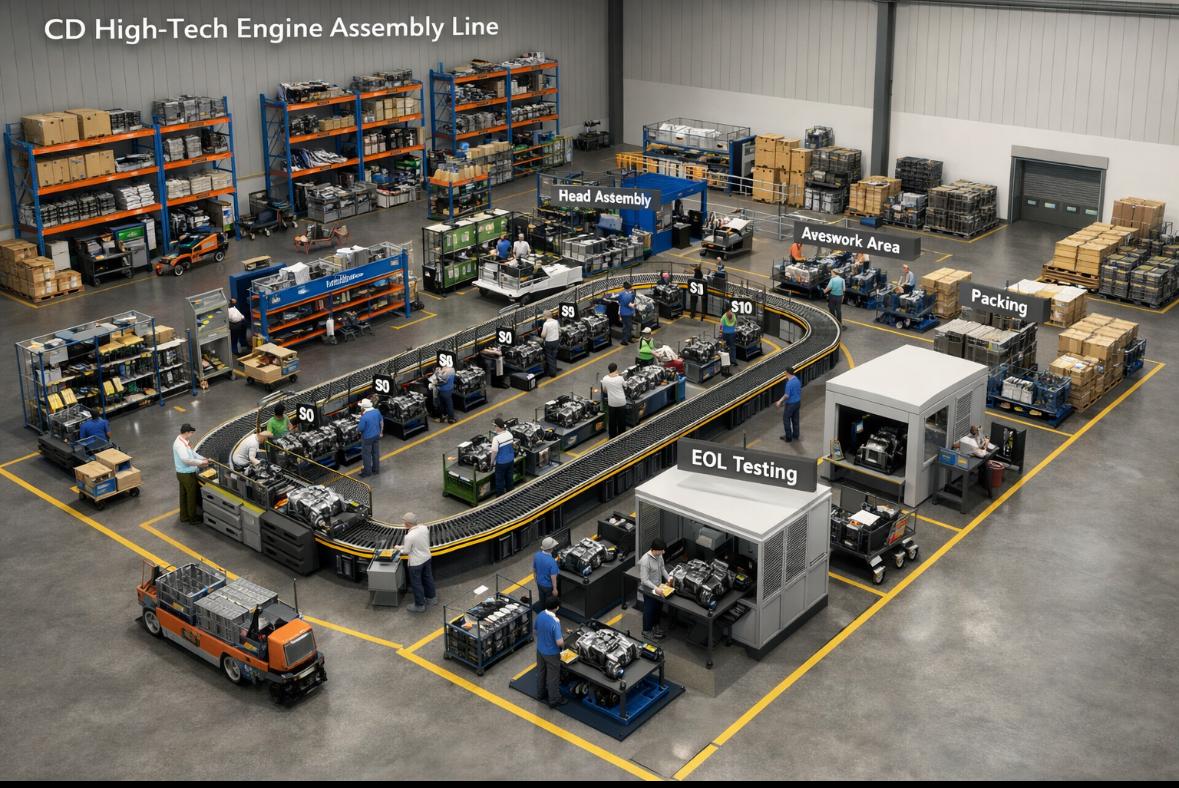 Operational engine assembly conveyor with EOL testing